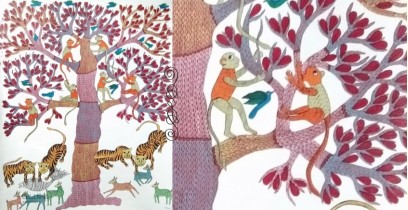 Gond Tribal Canvas Painting - Tigers (2.5' x 3') 