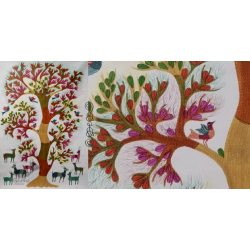 Gond Tribal Canvas Painting - Tree & Deers (3' x 4')