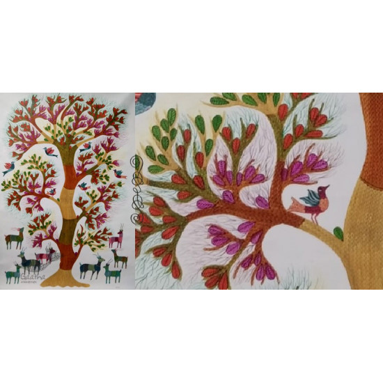 tribal gond painting of tree and deers