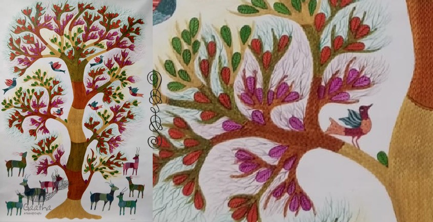 tribal gond painting of tree and deers