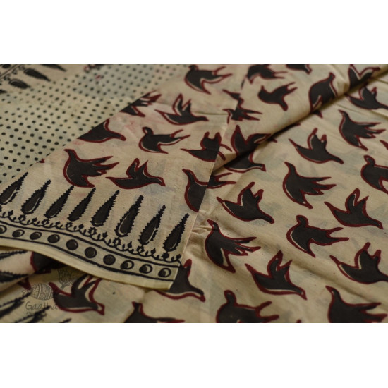 shop dabu hand block printed cotton saree- Bird Motif Printed