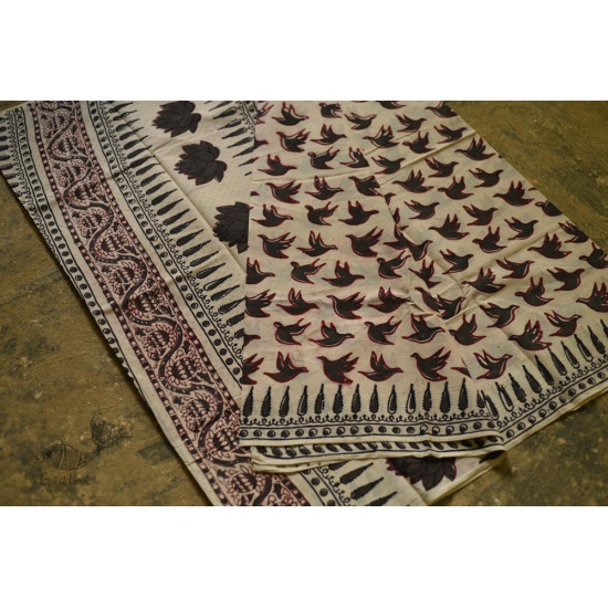 shop dabu hand block printed cotton saree- Bird Motif Printed