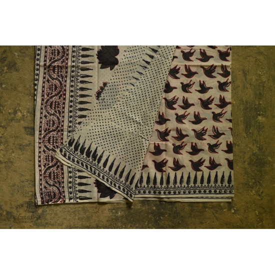 shop dabu hand block printed cotton saree- Bird Motif Printed