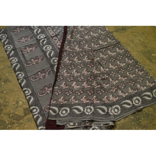 shop dabu hand block printed cotton saree - Butterfly motif 