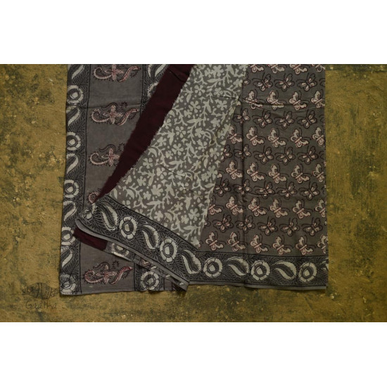 shop dabu hand block printed cotton saree - Butterfly motif 