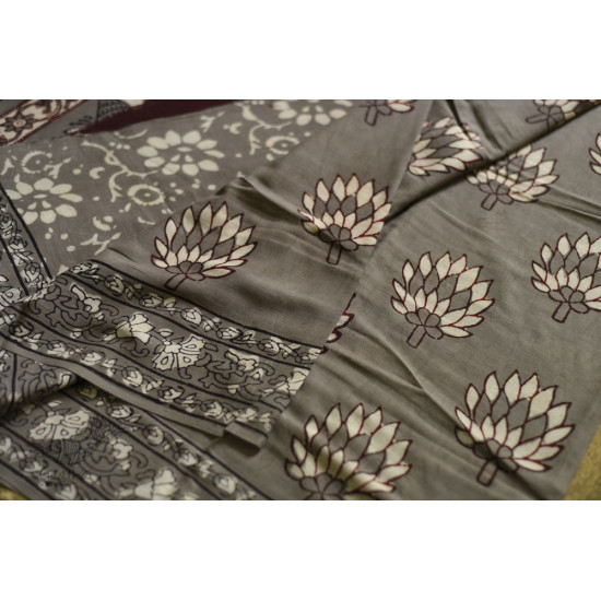 shop dabu hand block printed cotton saree - Lotus Printed in Grey Color