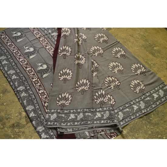 shop dabu hand block printed cotton saree - Lotus Printed in Grey Color