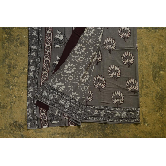 shop dabu hand block printed cotton saree - Lotus Printed in Grey Color