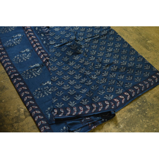 shop Dabu Block Printed Cotton Saree in Indigo Color