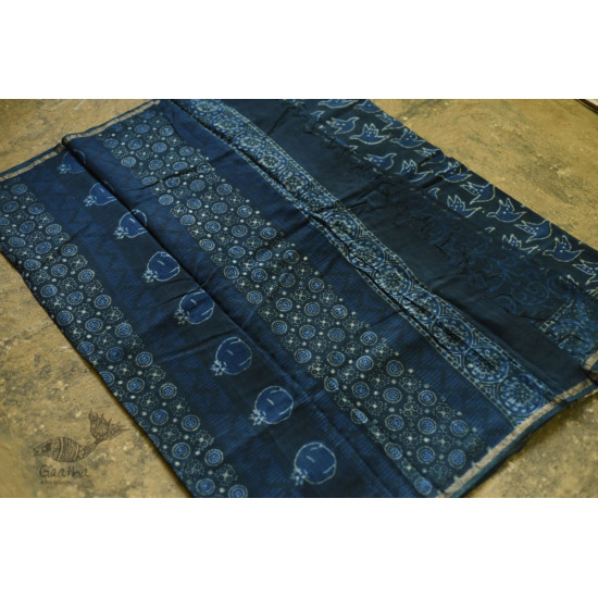 shop Dabu  Block Print - Chanderi Indigo Saree pigeon-motif