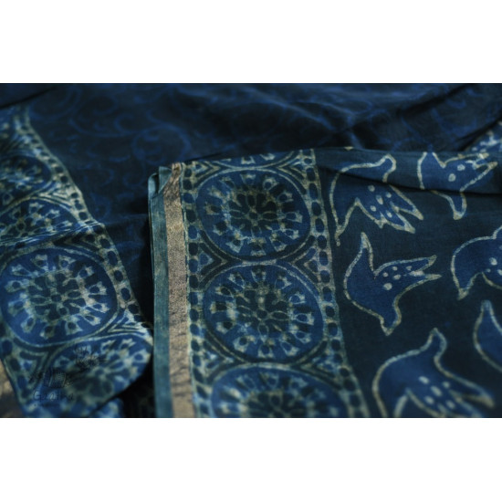 shop Dabu  Block Print - Chanderi Indigo Saree pigeon-motif