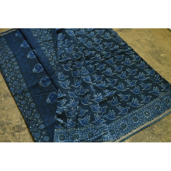 shop Dabu  Block Print - Chanderi Indigo Saree pigeon-motif