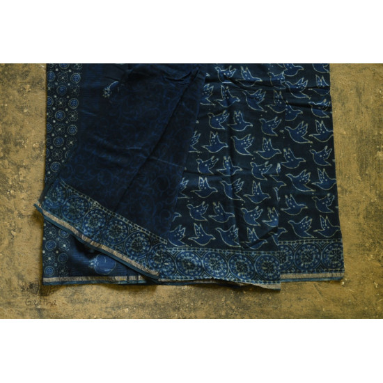 shop Dabu  Block Print - Chanderi Indigo Saree pigeon-motif