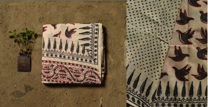Saanjhh . साँझ | Dabu Block Printed Cotton Saree - Bird Motif Printed