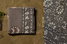 Saanjhh . साँझ | Dabu Block Printed Cotton Saree - Lotus Printed in Grey Color