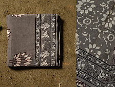 Saanjhh . साँझ | Dabu Block Printed Cotton Saree - Lotus Printed in Grey Color