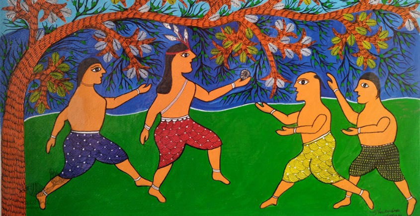 Gond art-  Krishna with Friends 
