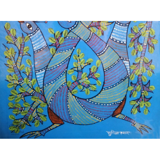 Gond india art - blue Peacock 