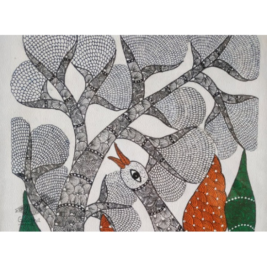 Gond art -Peacock & Birds