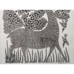 Gond Art | Black & White Deer (14"x 22")