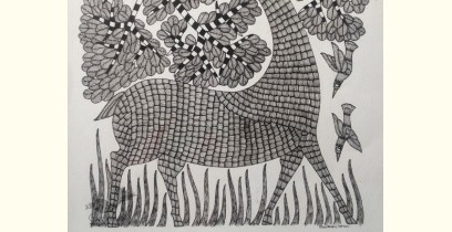 Gond Art | Black & White Deer (14"x 22")