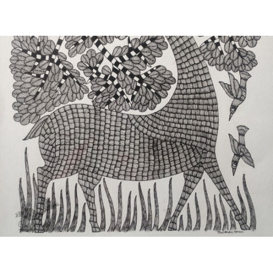 Gond art india - hand painted gond  deer painting 