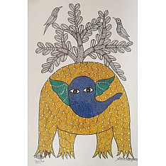 Gond Art ~ Hand Painted Gond Painting - Elephant & Tree