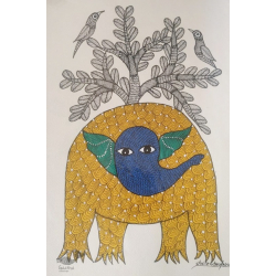 Gond Art ~ Hand Painted Gond Painting - Elephant & Tree