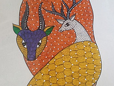Gond Art ~ Hand Painted Gond Painting - Bull & Deer