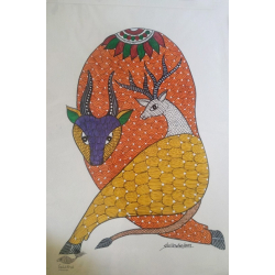 Gond Art ~ Hand Painted Gond Painting - Bull & Deer