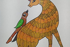 Gond Art ~ Hand Painted Gond Painting - Deer with Parrot 