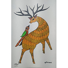 Gond Art ~ Hand Painted Gond Painting - Deer with Parrot 