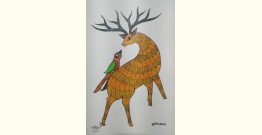 Gond Art ~ Hand Painted Gond Painting - Deer with Parrot 