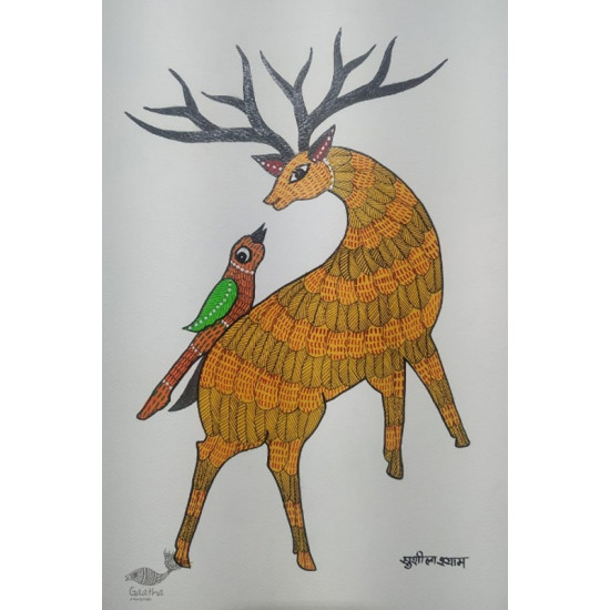 Gond Painting - indian art Deer with Parrot 