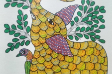 Gond Art ~ Hand Painted Gond Painting - Elephant & Parrot