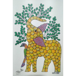 Gond Art ~ Hand Painted Gond Painting - Elephant & Parrot