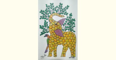 Gond Art ~ Hand Painted Gond Painting - Elephant & Parrot