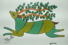 Gond Art ~ Hand Painted Gond Painting - Green Deer