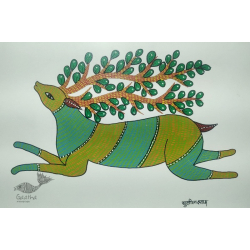 Gond Art ~ Hand Painted Gond Painting - Green Deer