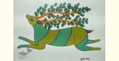 Gond Art ~ Hand Painted Gond Painting - Green Deer