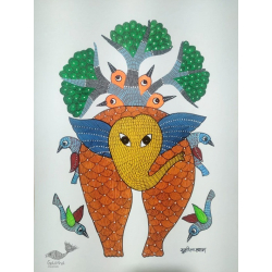 Gond Art ~ Hand Painted Gond Painting - Elephant & Birds