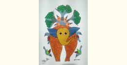 Gond Art ~ Hand Painted Gond Painting - Elephant & Birds