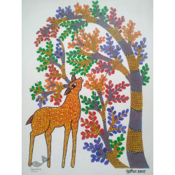 Gond Art ~ Hand Painted Gond Painting - Deer Under The Tree