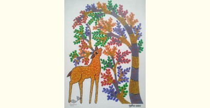 Gond Art ~ Hand Painted Gond Painting - Deer Under The Tree