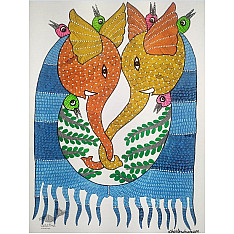 Gond Art ~ Hand Painted Gond Painting - Two Elephants