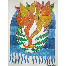 Gond Art ~ Hand Painted Gond Painting - Two Elephants