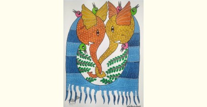 Gond Art ~ Hand Painted Gond Painting - Two Elephants
