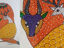 Gond Art ~ Hand Painted Gond Painting - Bull & Deer