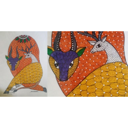 Gond Art ~ Hand Painted Gond Painting - Bull & Deer