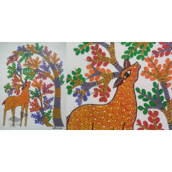 Gond Art ~ Hand Painted Gond Painting - Deer Under The Tree